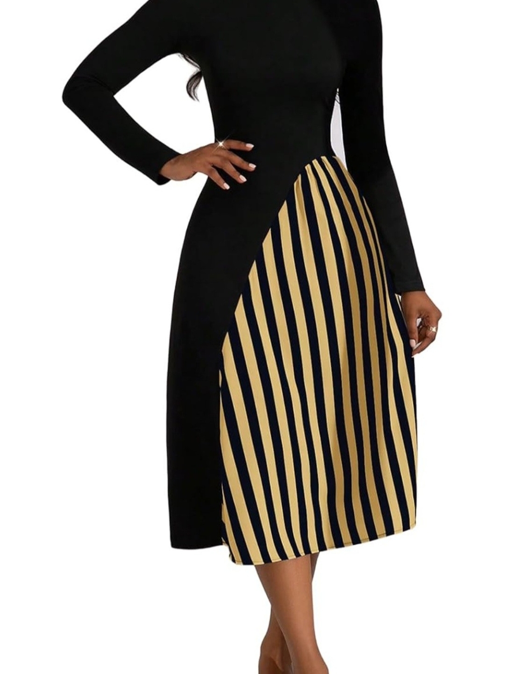 Women’s Black & Gold Stripe Midi Dress - Elegant Long Sleeve